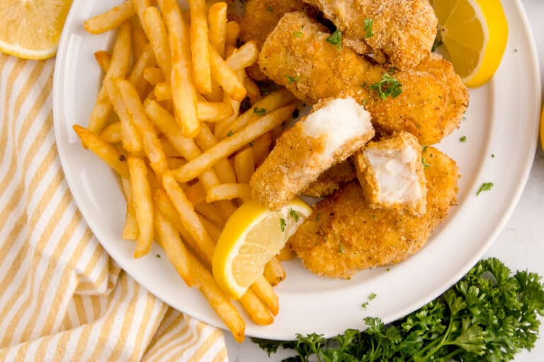 The recipe on a plate with fries.