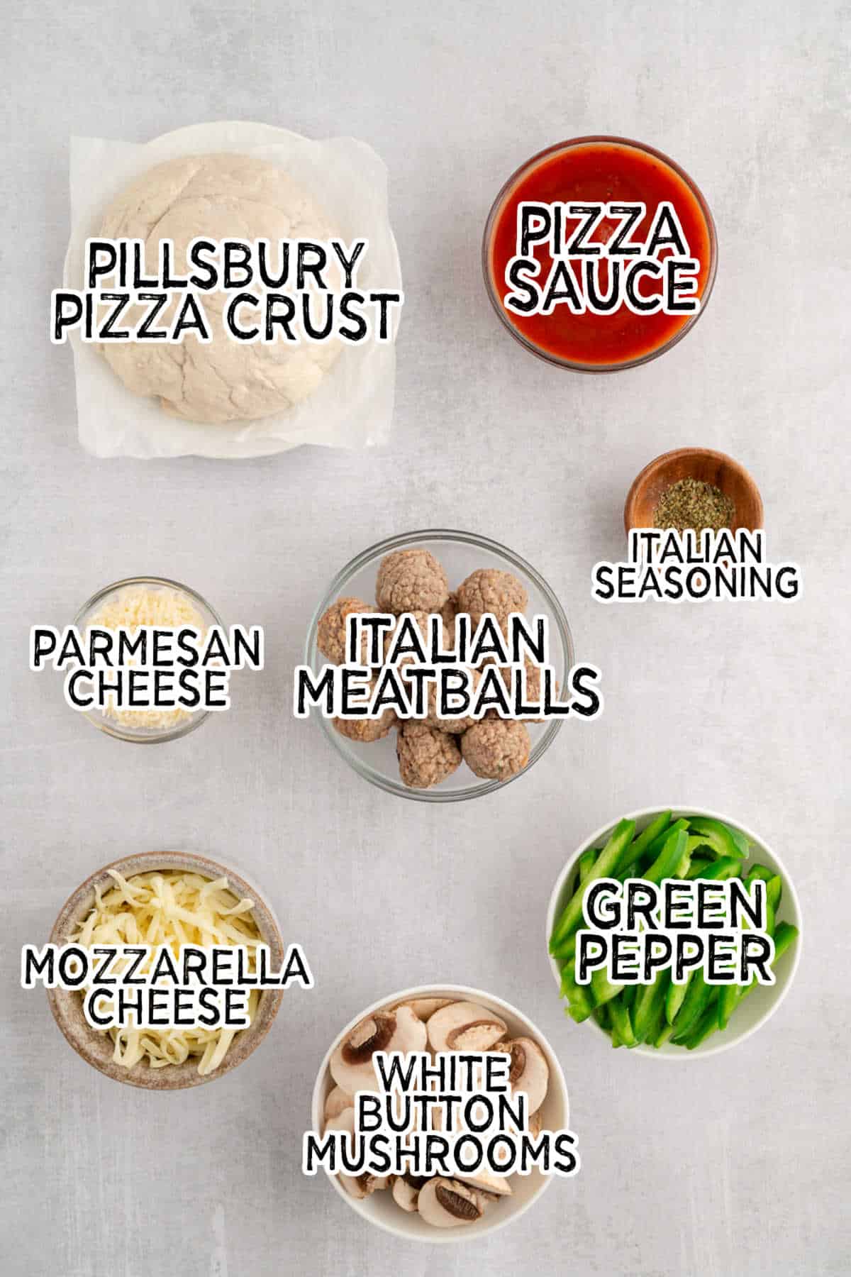 Ingredients to make Italian meatball pizza.