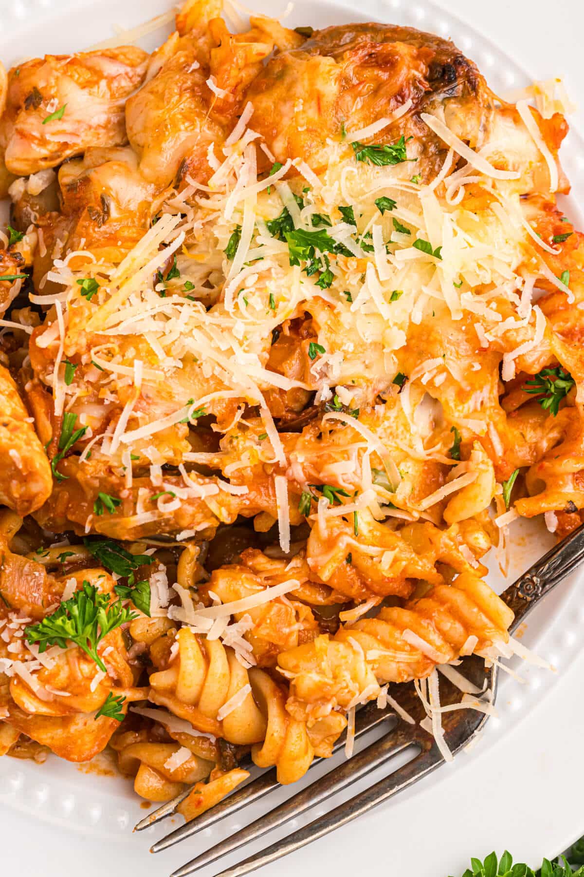 A plate of baked chicken and tarragon pasta.