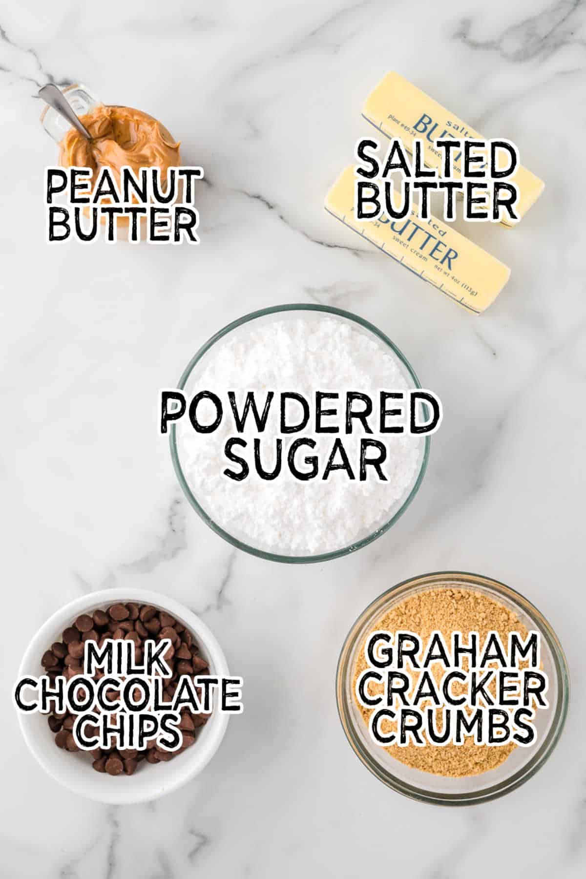 Ingredients on a white marble background.