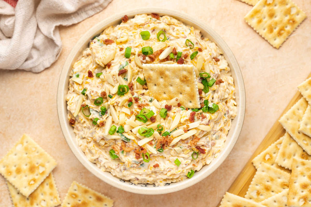 The dip with a cracker in it.