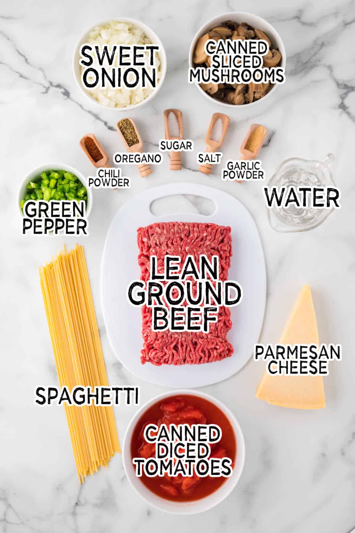 Ingredients to make one-pan spaghetti.