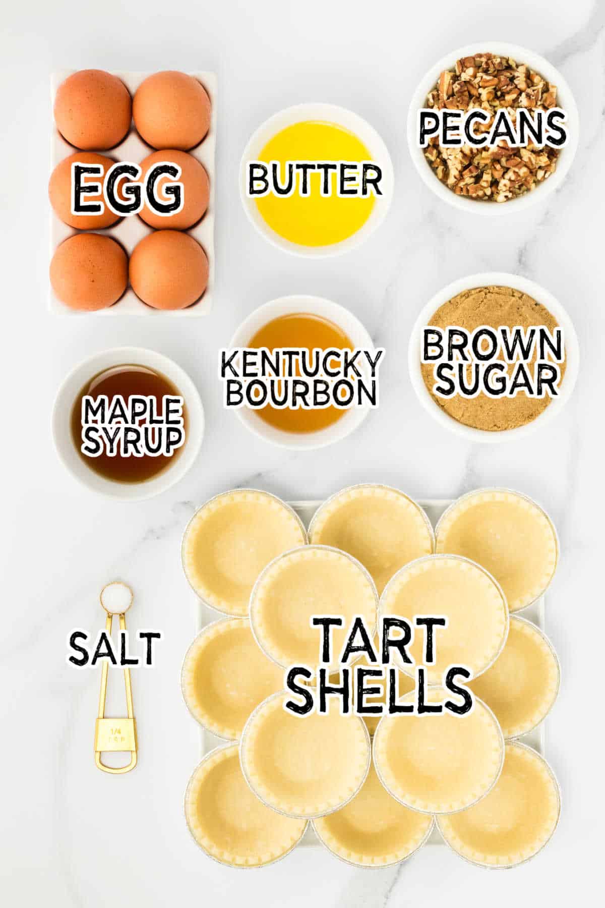 Ingredients to make pecan bourbon butter tarts.