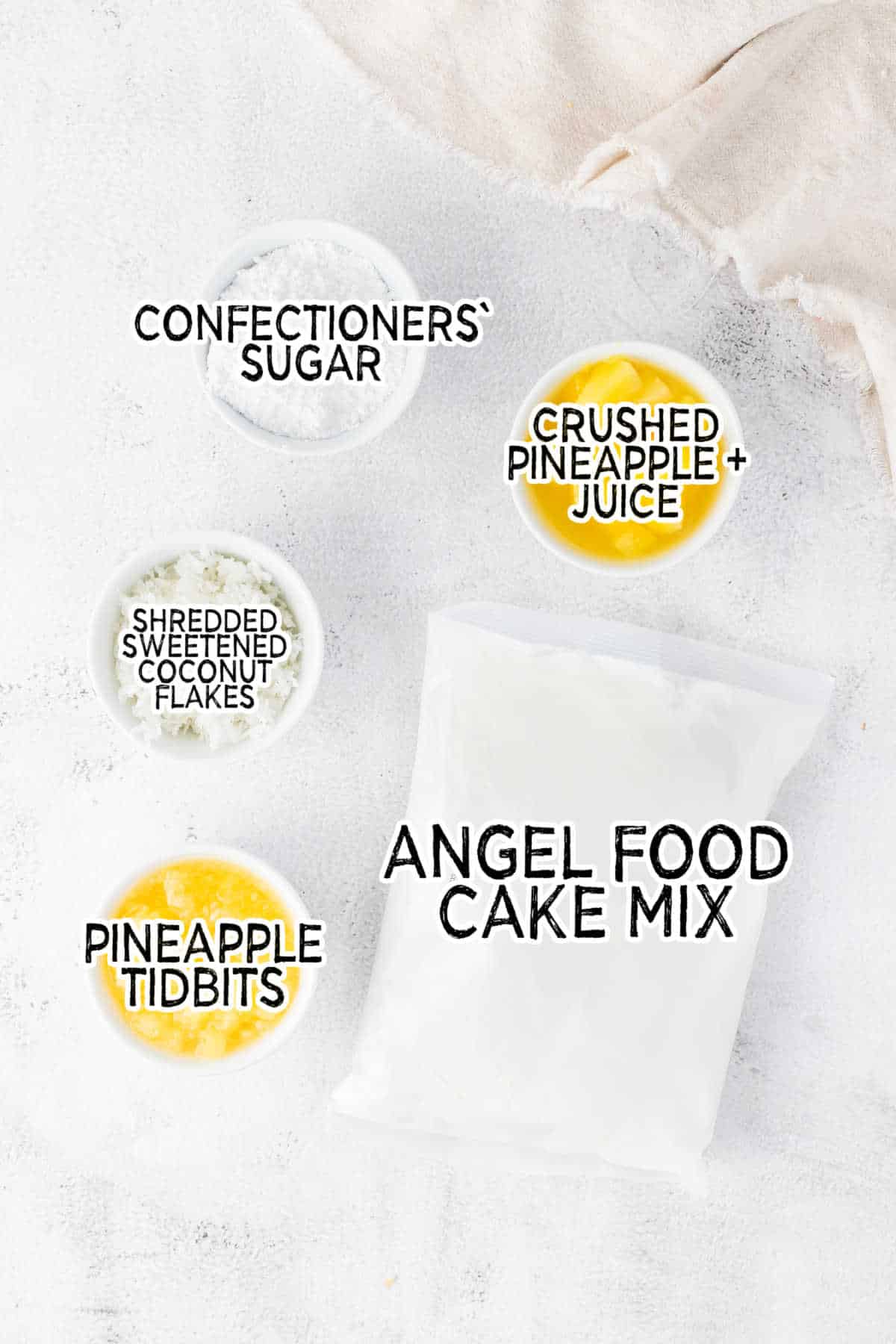 Ingredients to make pineapple coconut bundt cake.