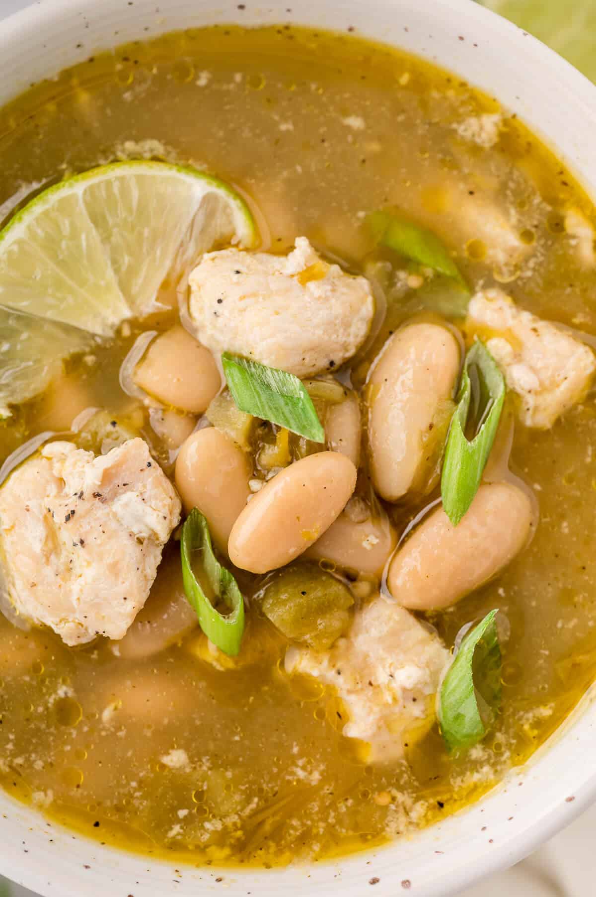 A bowl of salsa verde chicken soup.