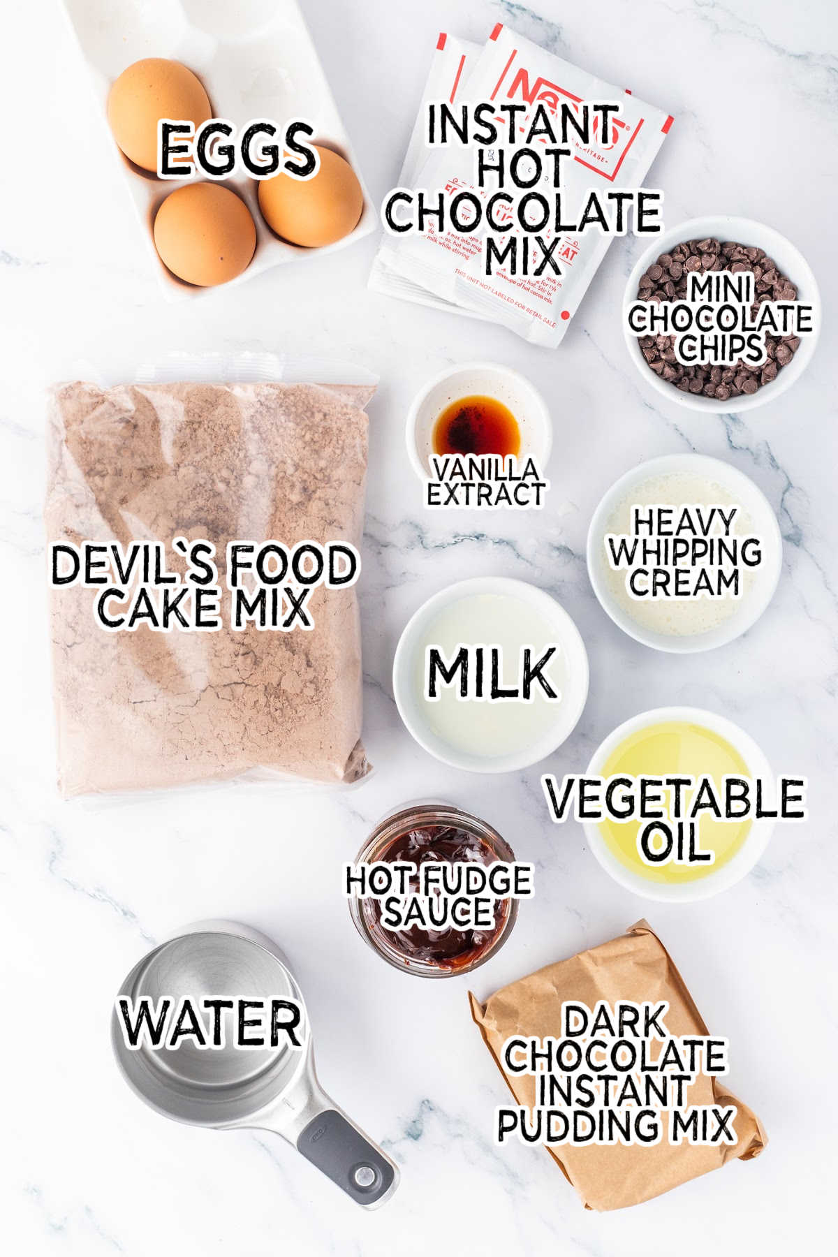 Ingredients to make Triple Chocolate Poke Cake.