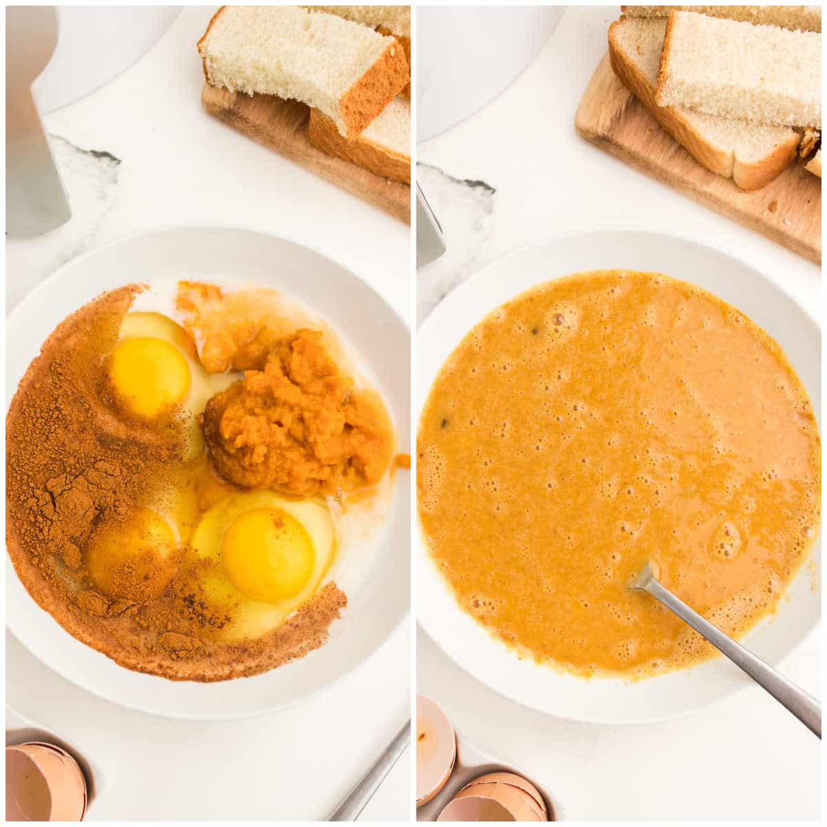 Collage of mixing ingredients in a bowl.