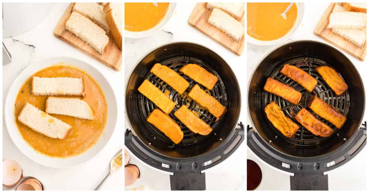 Collage of tossing the bread in batter and air frying.