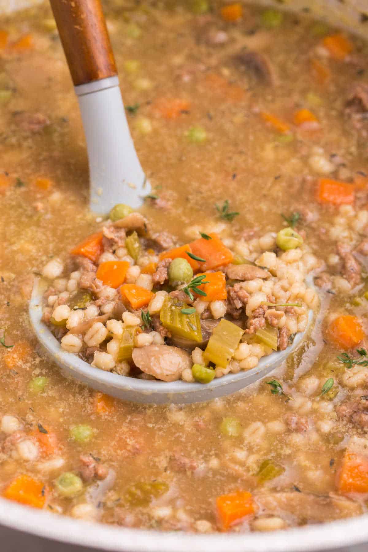 Beef and barley soup in a ladle.