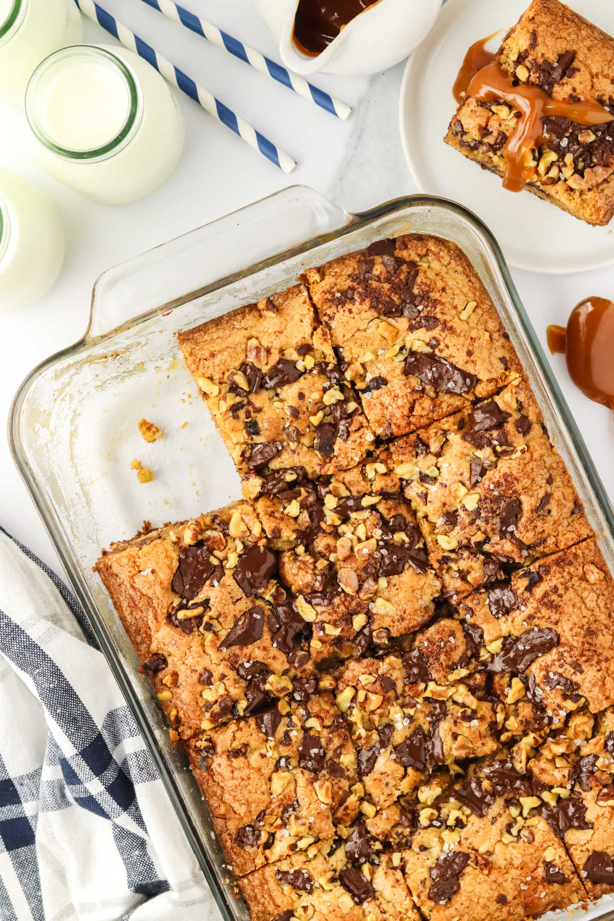 Brown butter caramel blondies in a pan.