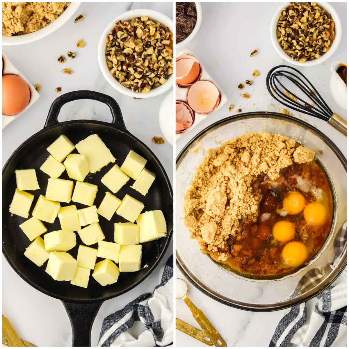 Collage of melting the butter in a pan and mixing ingredients in a bowl.