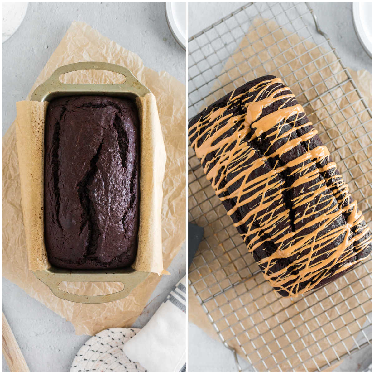 Steps to make chocolate peanut butter banana bread.