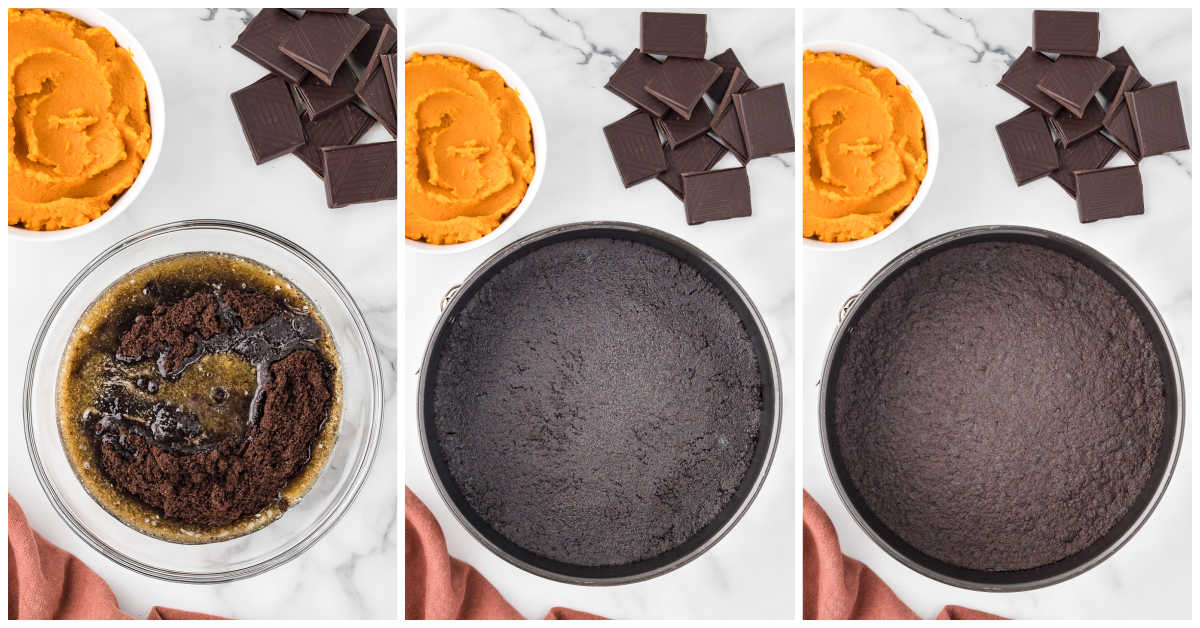 Steps to make chocolate pumpkin cheesecake.