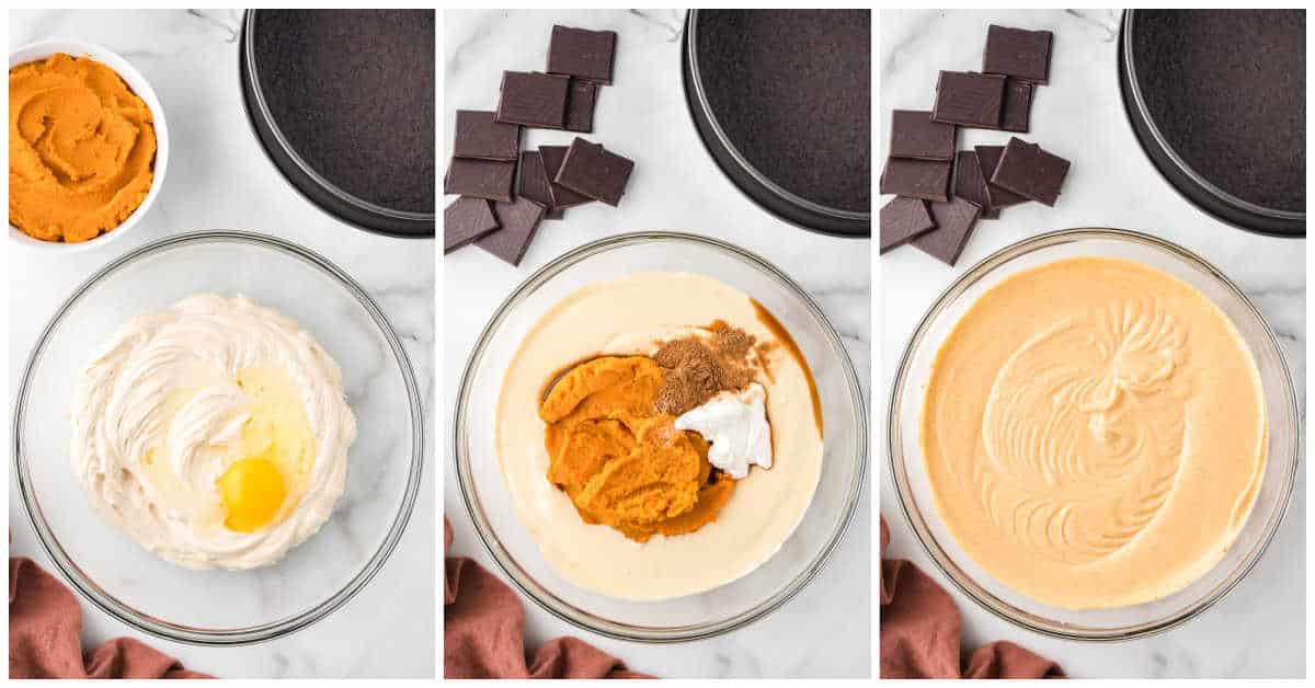 Steps to make chocolate pumpkin cheesecake.