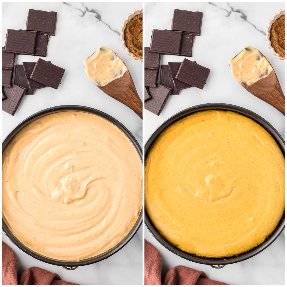 Steps to make chocolate pumpkin cheesecake.