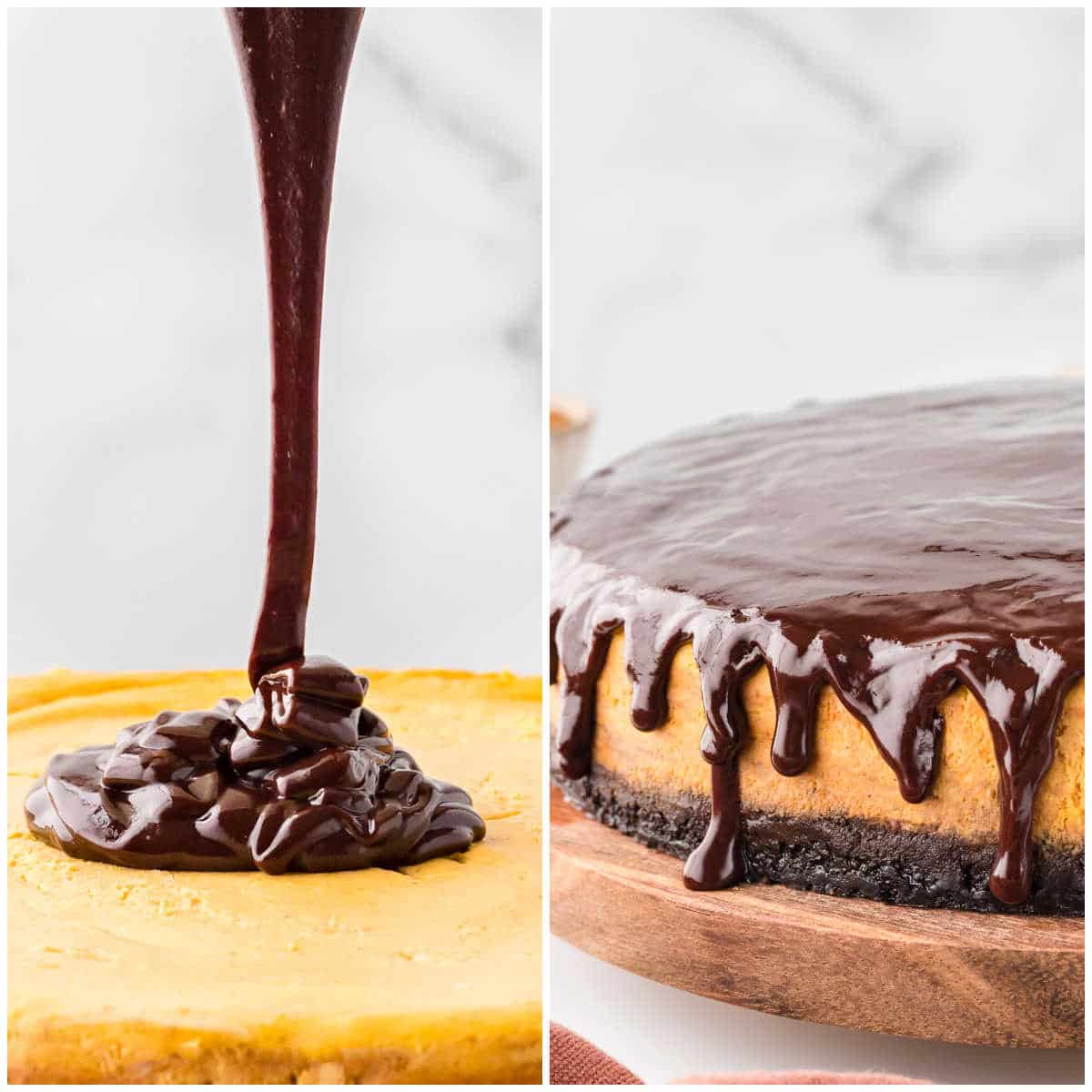 Steps to make chocolate pumpkin cheesecake.