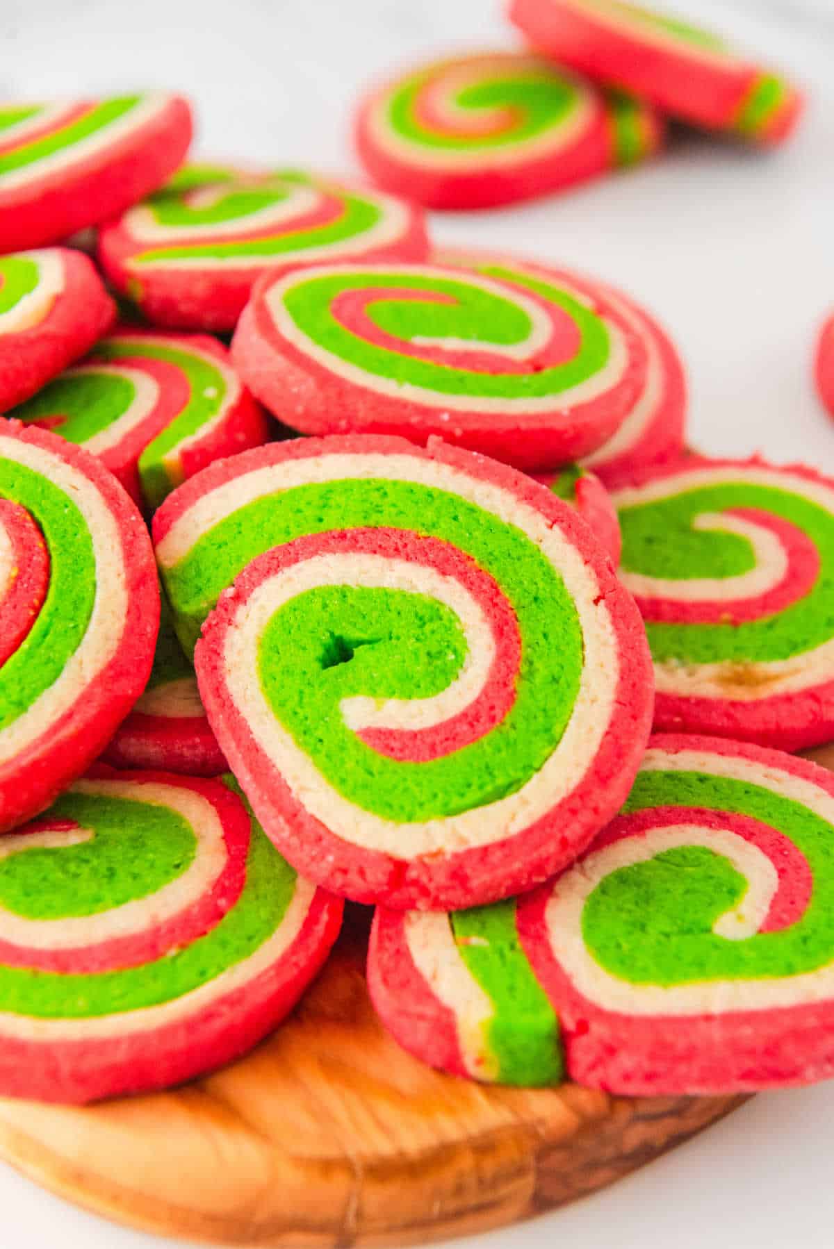 Christmas Pinwheel Cookies on a white surface.