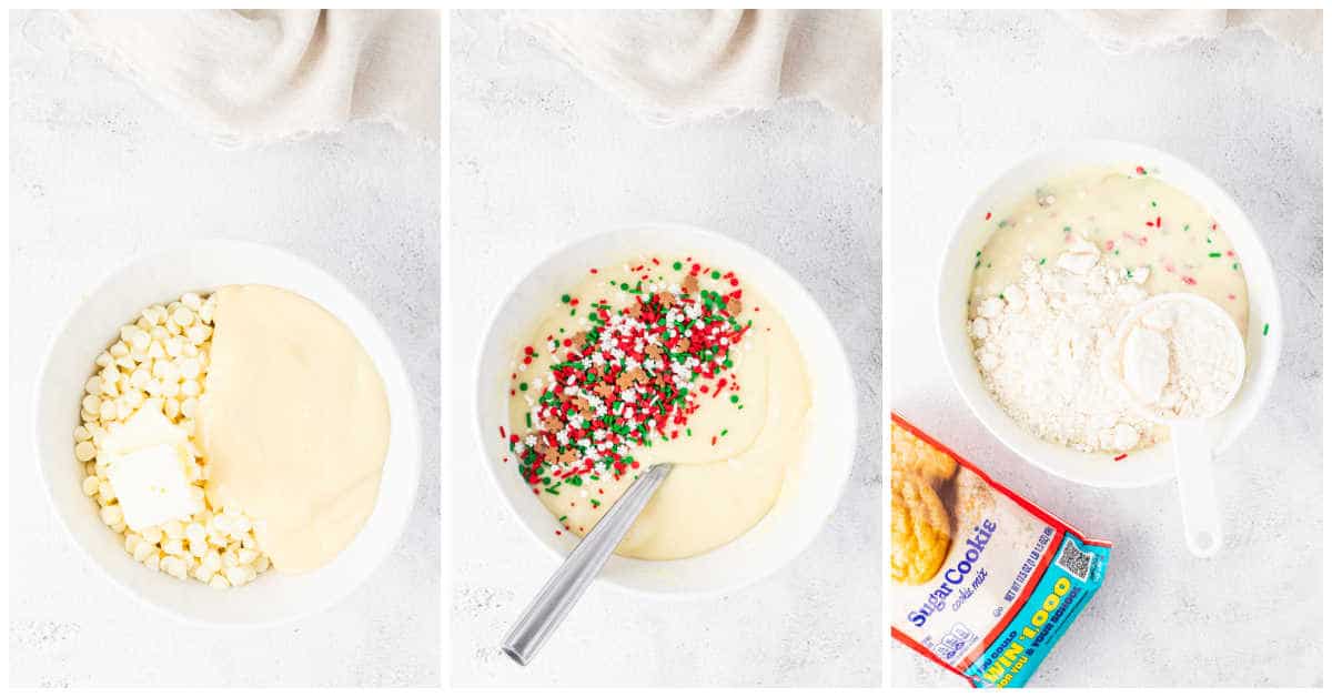 Steps to make Christmas sugar cookie fudge.