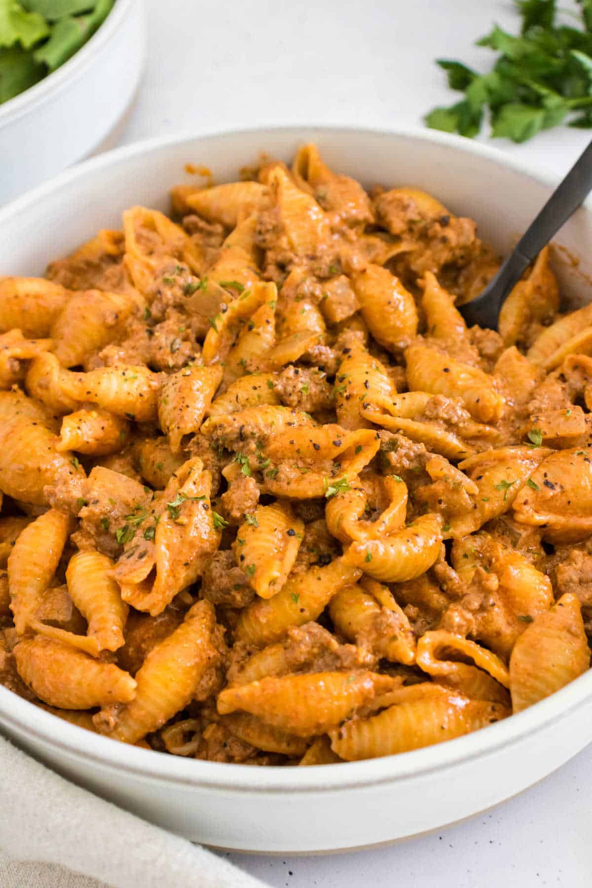 Creamy beef and shells in a white bowl.