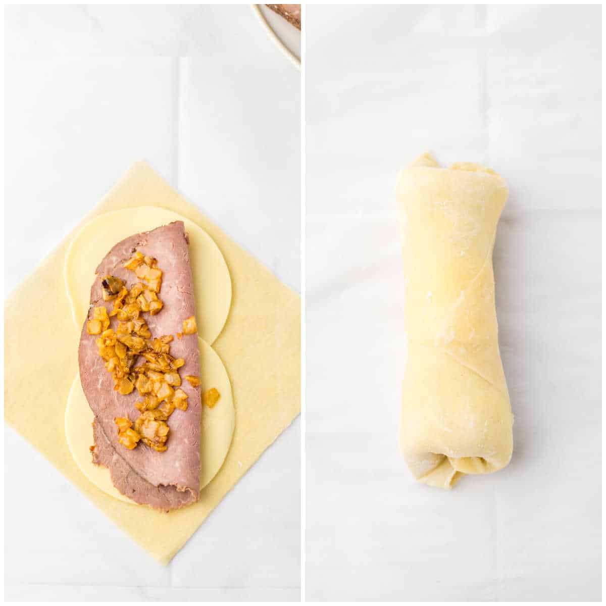 Steps to make French dip egg rolls.