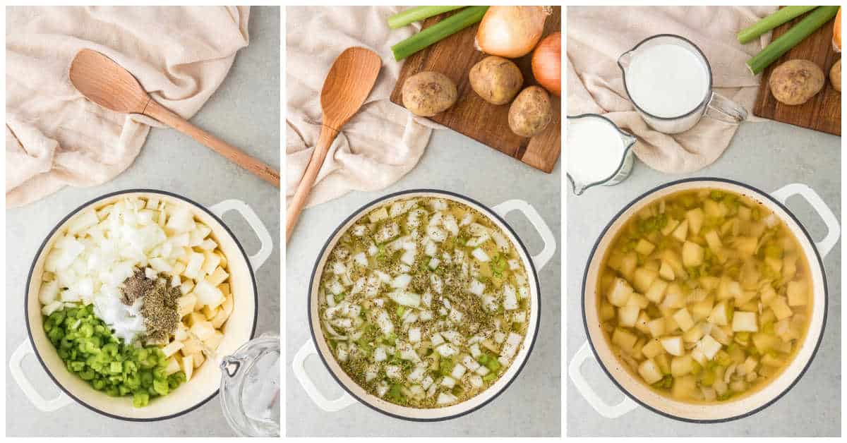 Collage of cooking the ingredients in a pot.