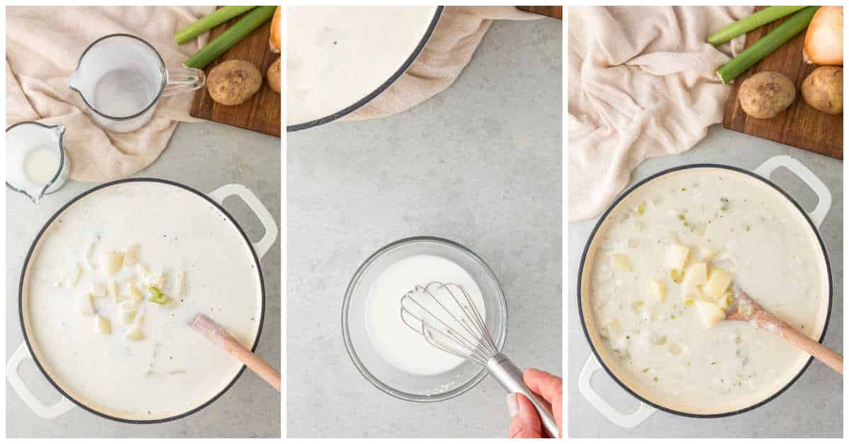 Collage of adding the cream to the soup in the pot.
