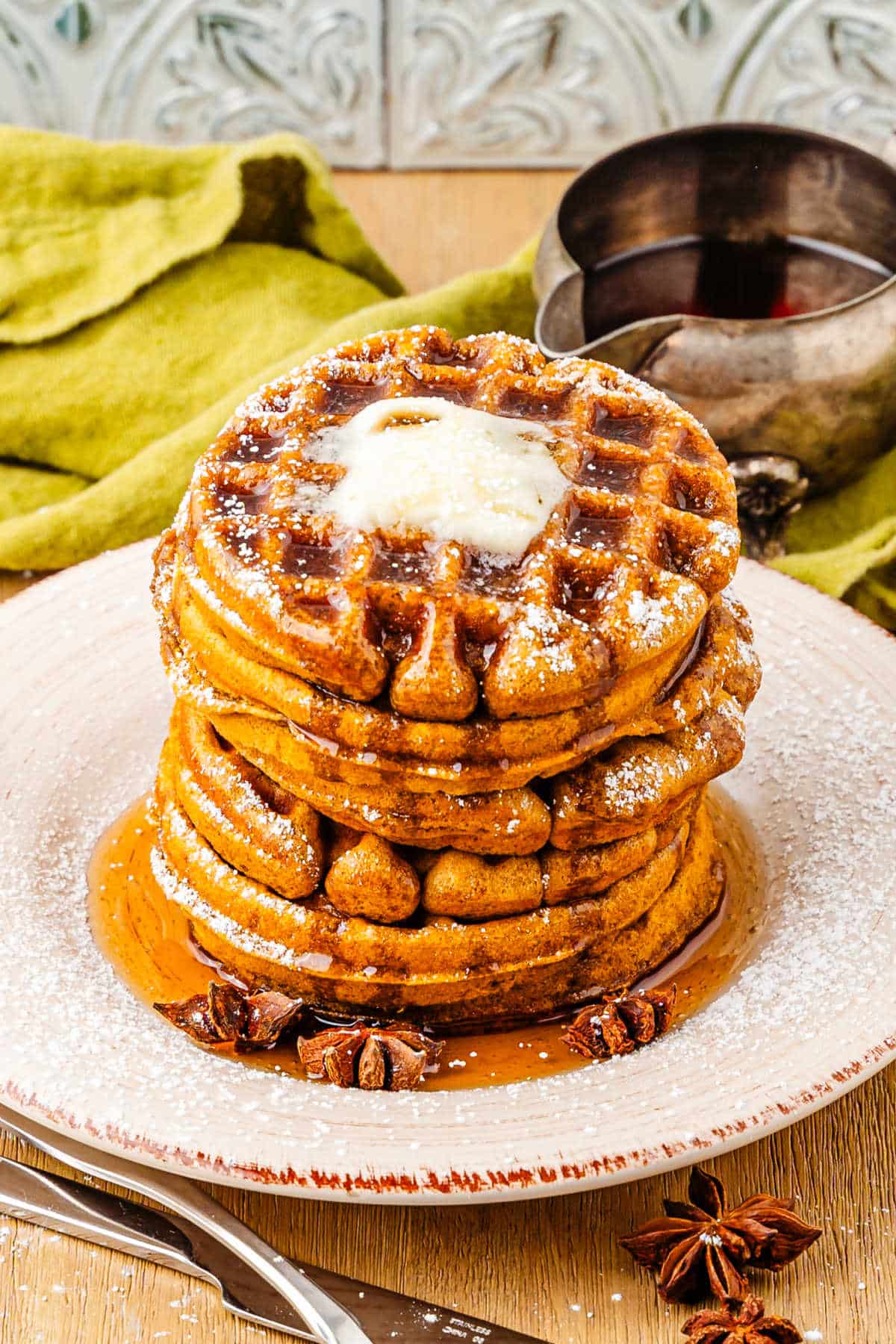 A plate of gingerbread waffles.