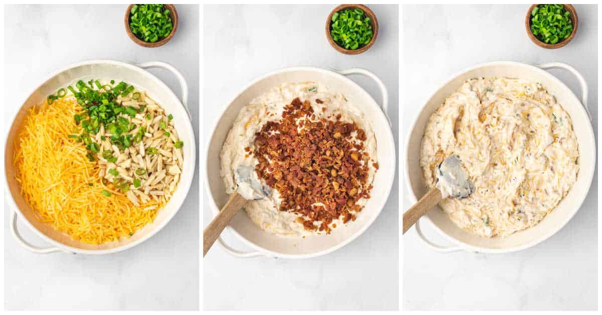 Collage of mixing ingredients in a bowl.