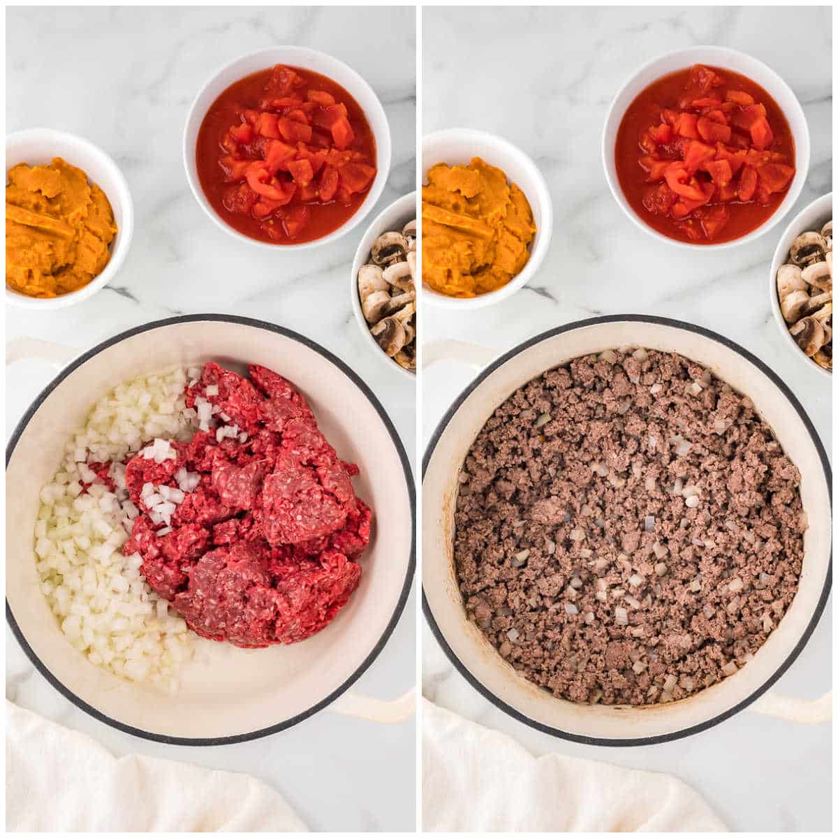 Collage of cooking the ground beef.
