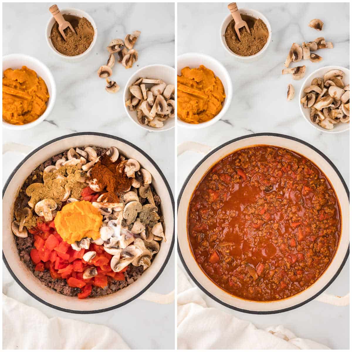 Collage of adding the ingredients and cooking the chili.