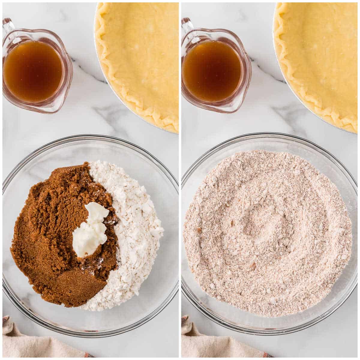 Collage of mixing the dry ingredients in a bowl.