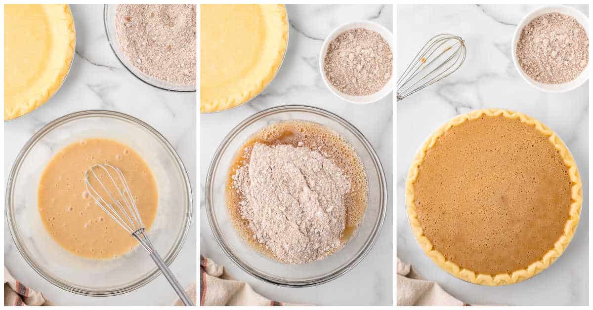 Collage of mixing the wet ingredients and adding them to the dry and then baking the pie.