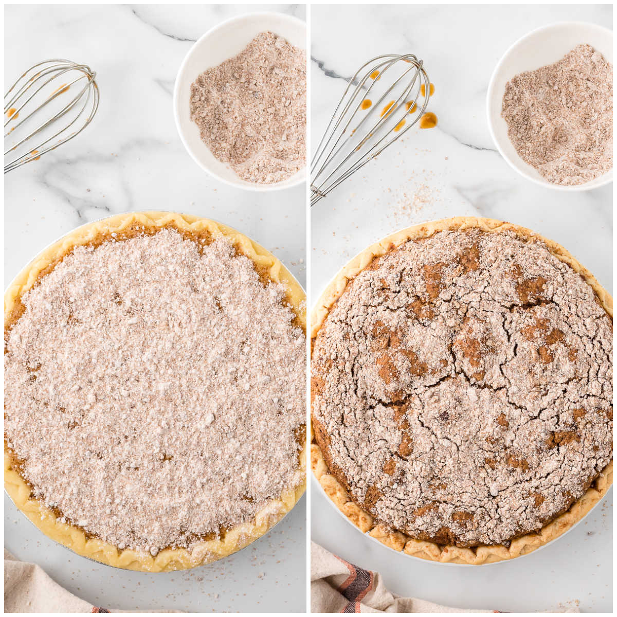 Collage of adding the crumb topping to the pie and baking the pie.