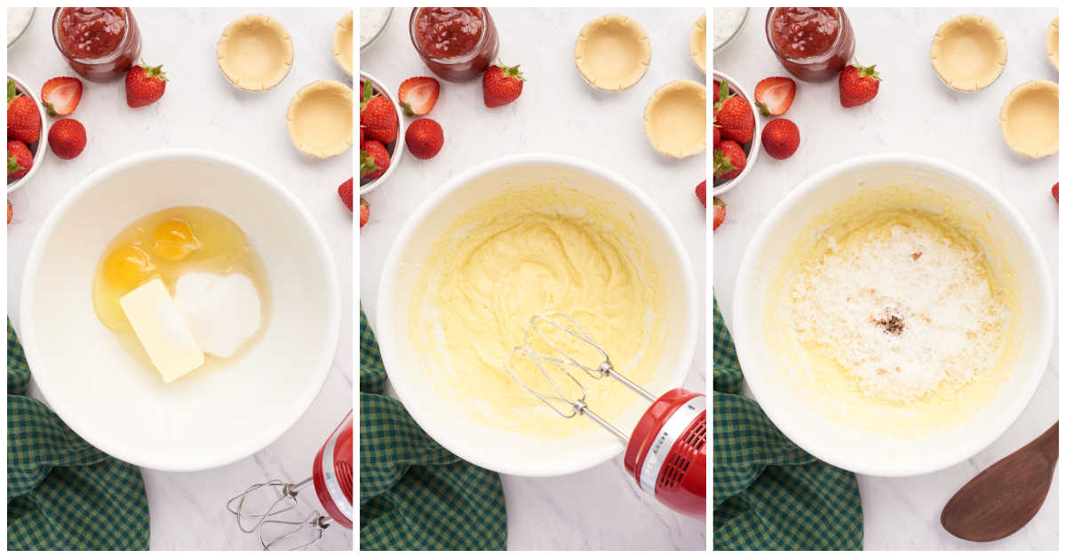 Steps to make strawberry coconut tarts.