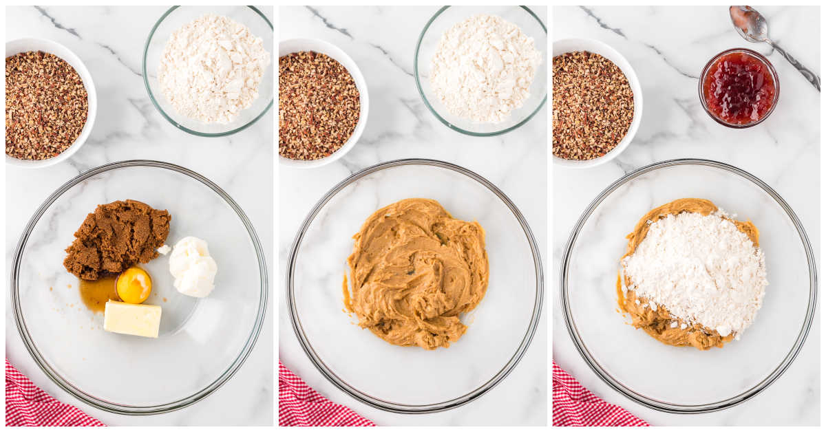 Collage of mixing the ingredients in a bowl.