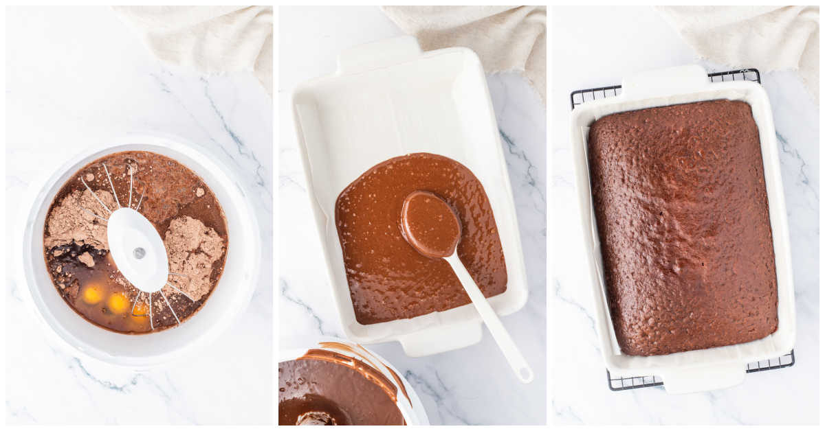 Steps to make triple chocolate poke cake.