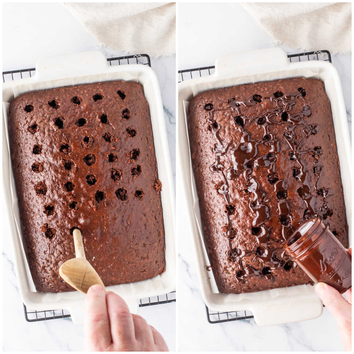 Steps to make triple chocolate poke cake.