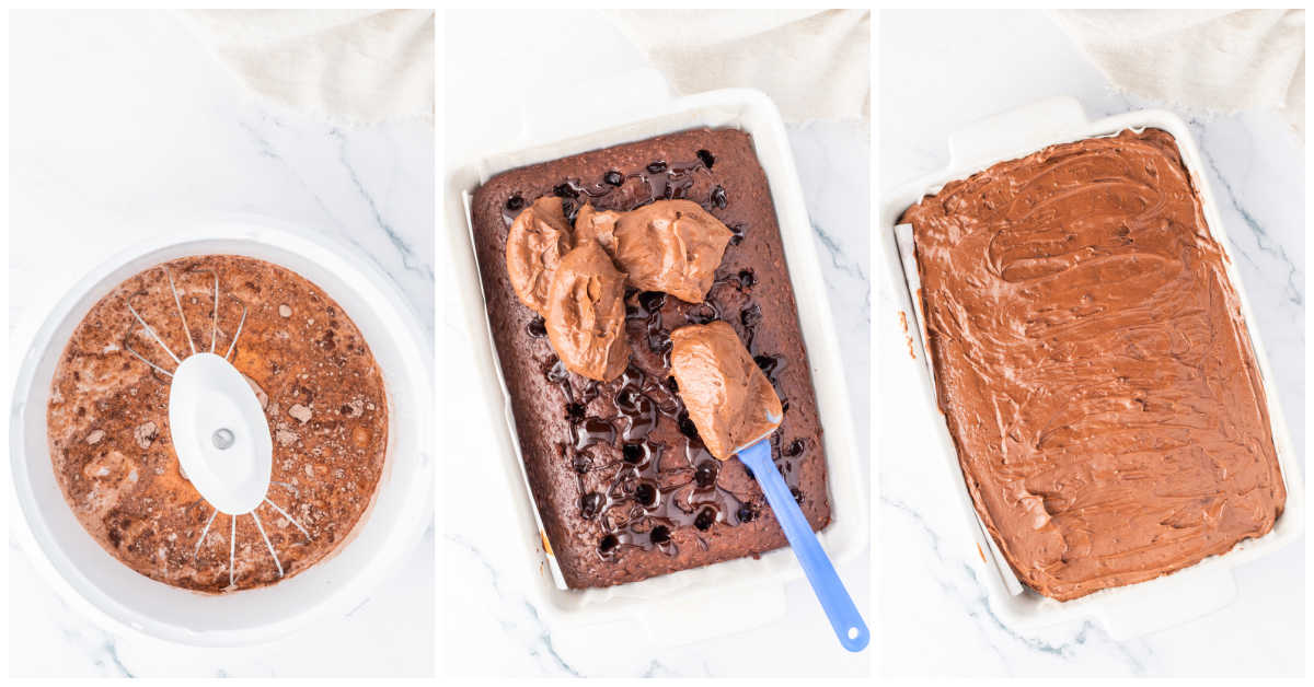 Steps to make triple chocolate poke cake.