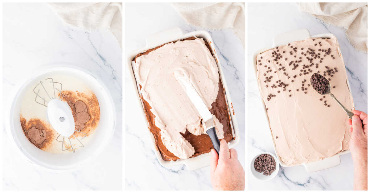 Steps to make triple chocolate poke cake.