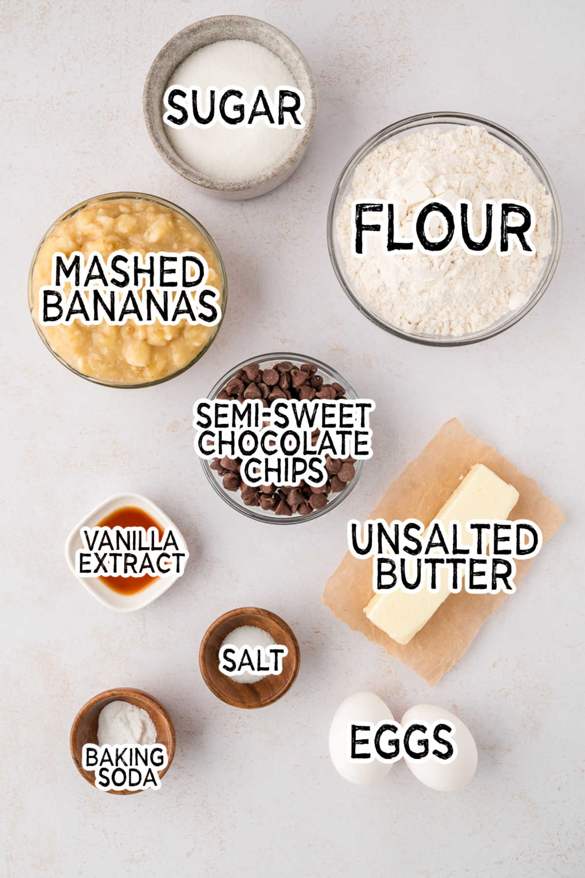 Ingredients to make banana chocolate chip muffins.