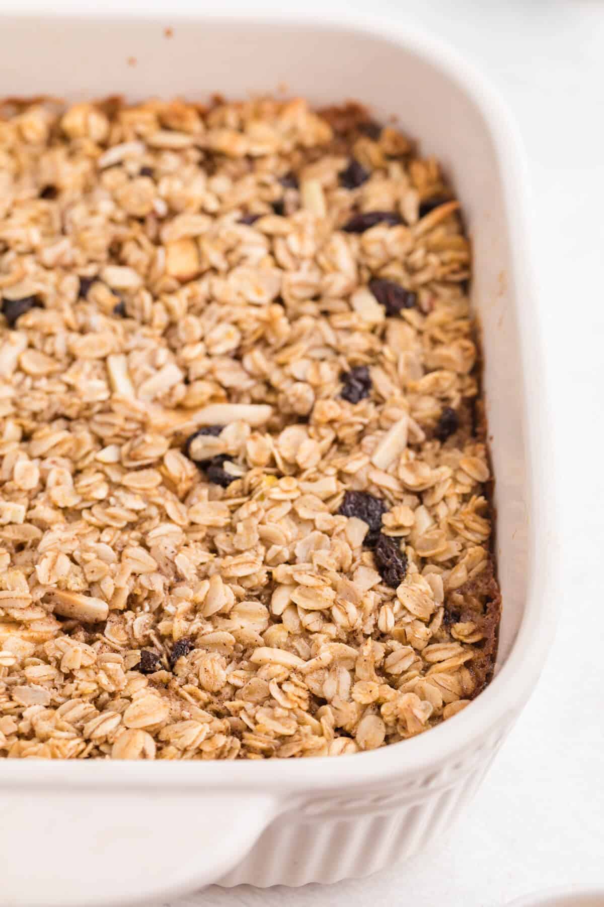 Baked oatmeal in a casserole pan.