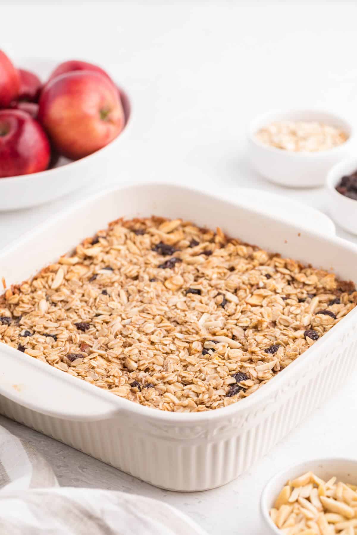 Baked oatmeal in a casserole pan.