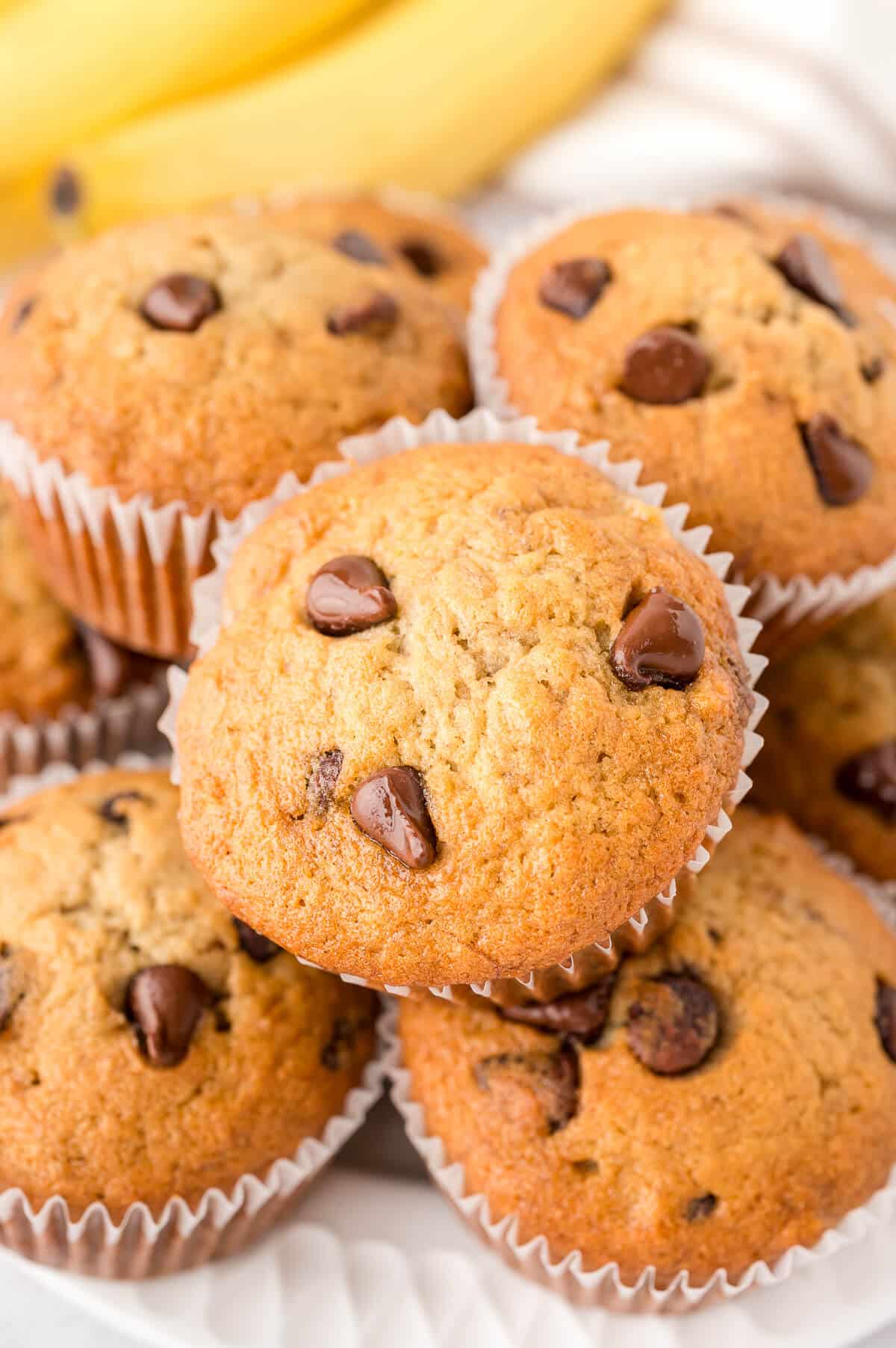 A pile of banana chocolate chip muffins.