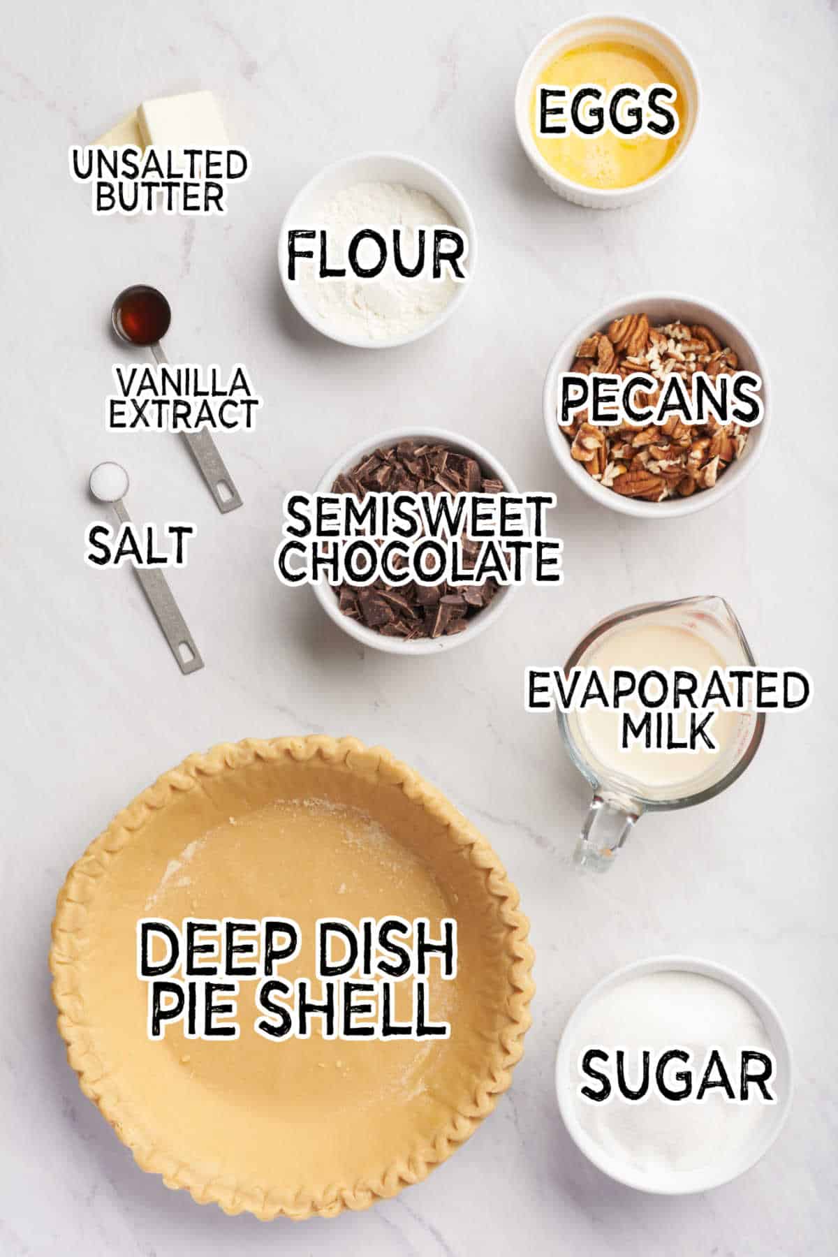 Chocolate pecan pie ingredients.