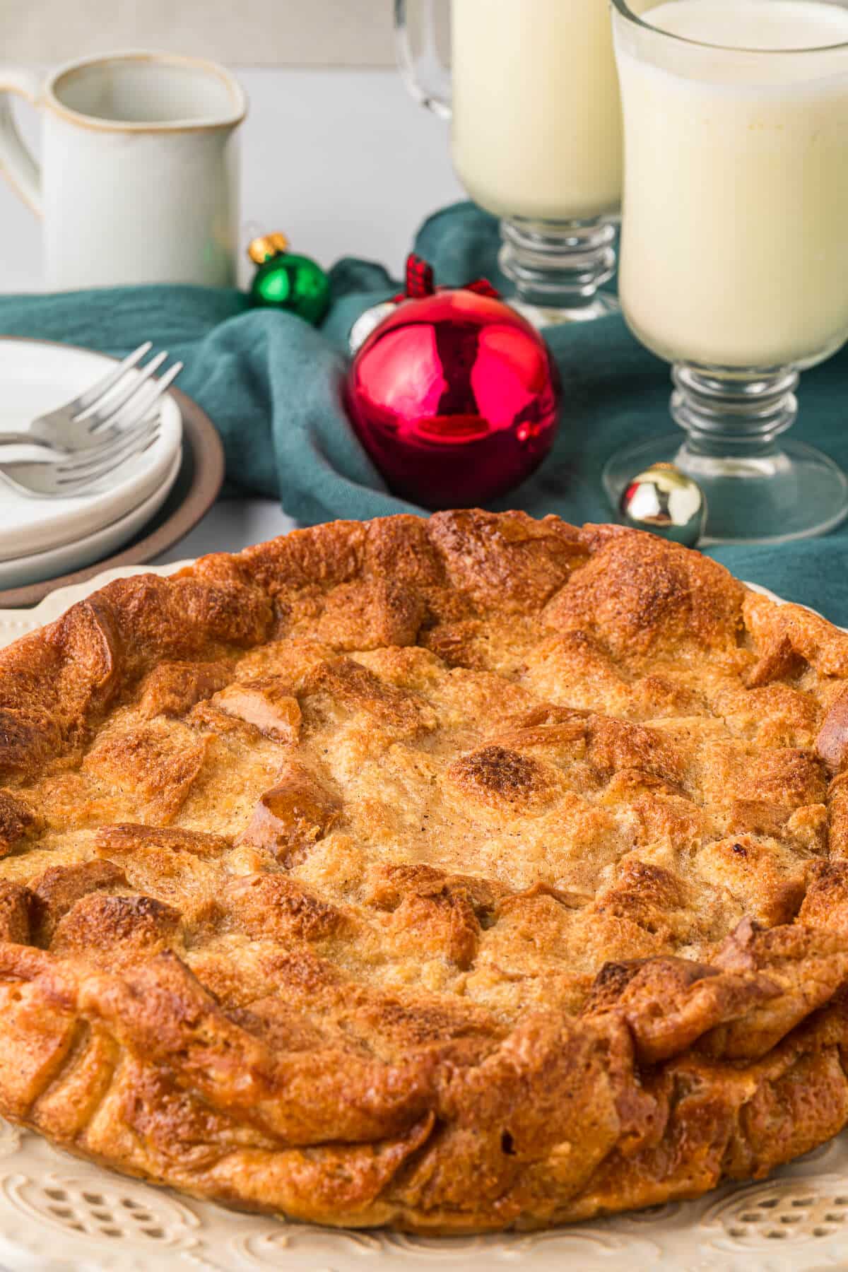 Eggnog bread pudding on a plate.