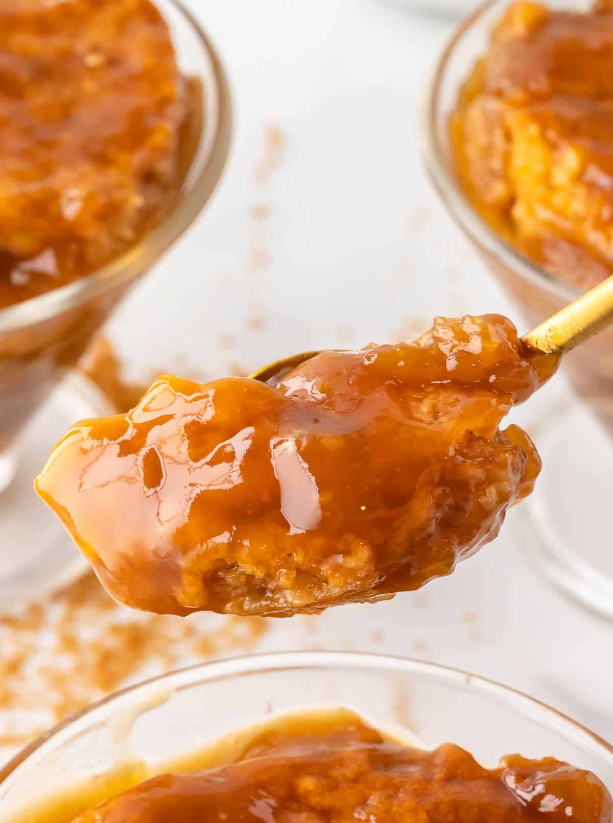 Half hour pudding on a serving spoon.