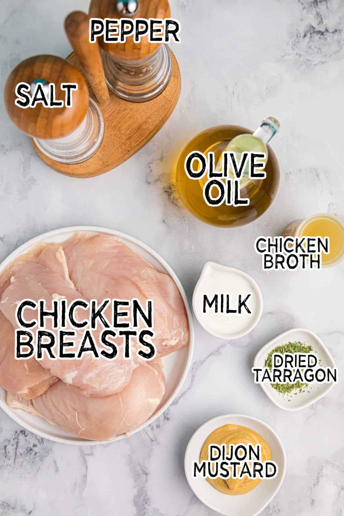 Ingredients on a white marble counter.