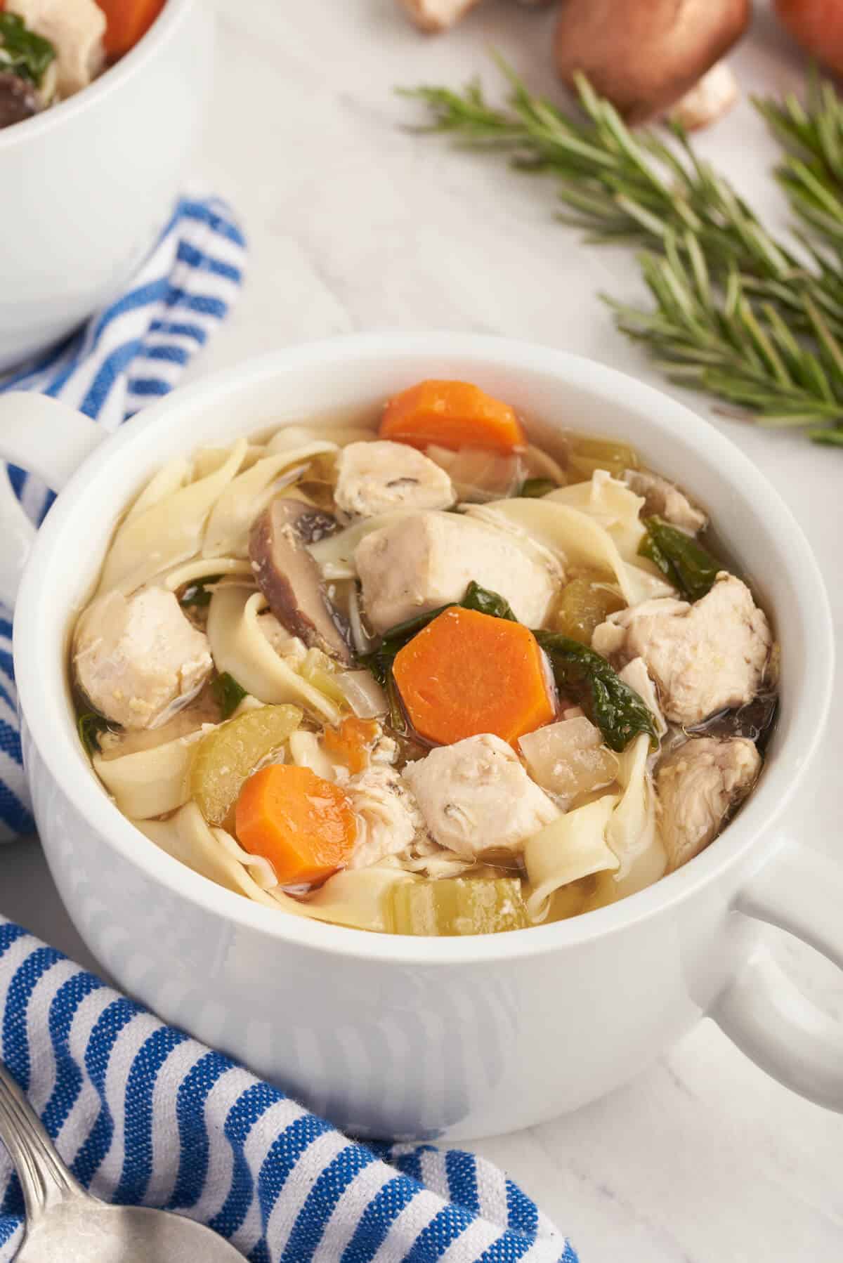 A bowl of rosemary chicken noodle soup.