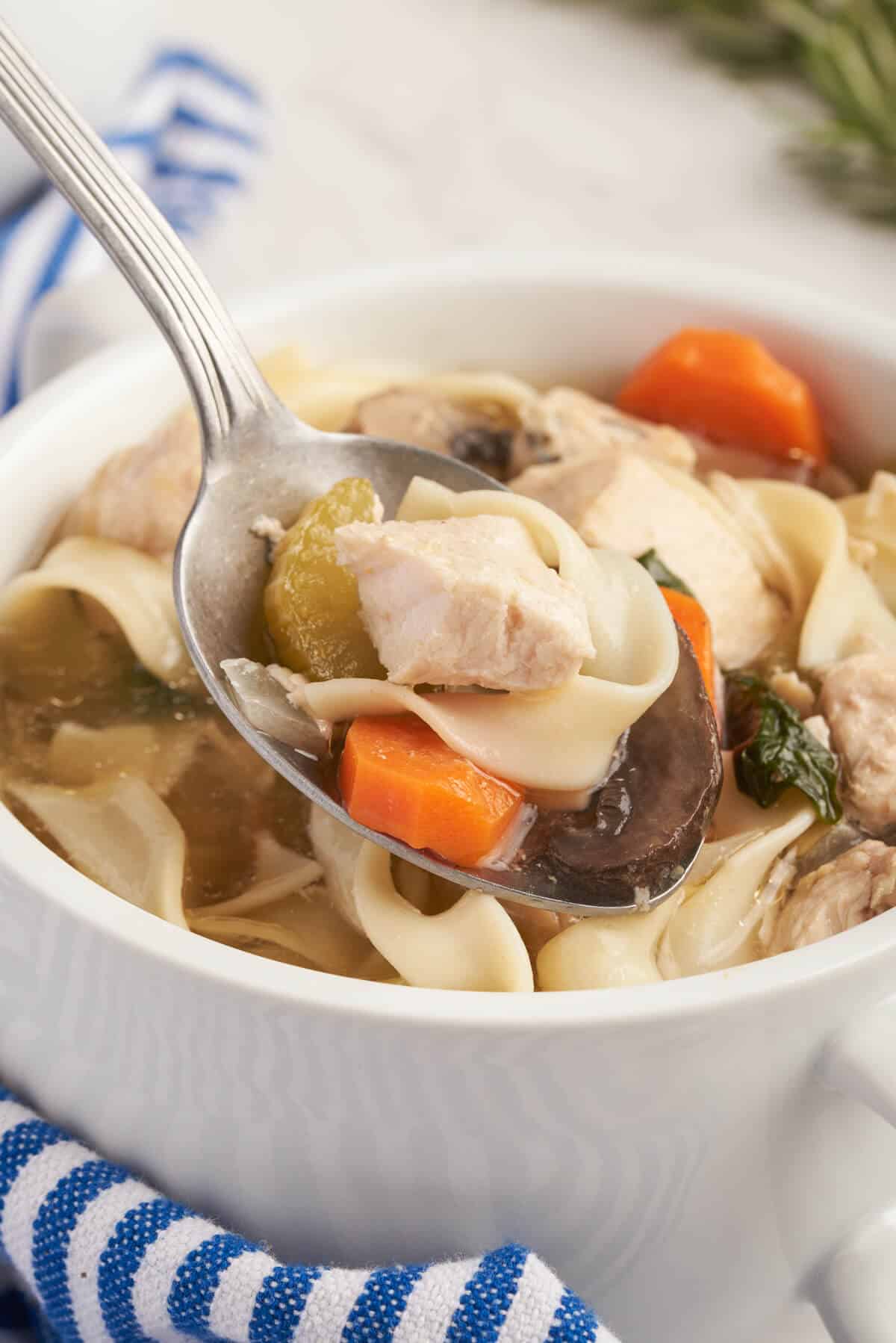 A bowl of rosemary chicken noodle soup with a spoon.