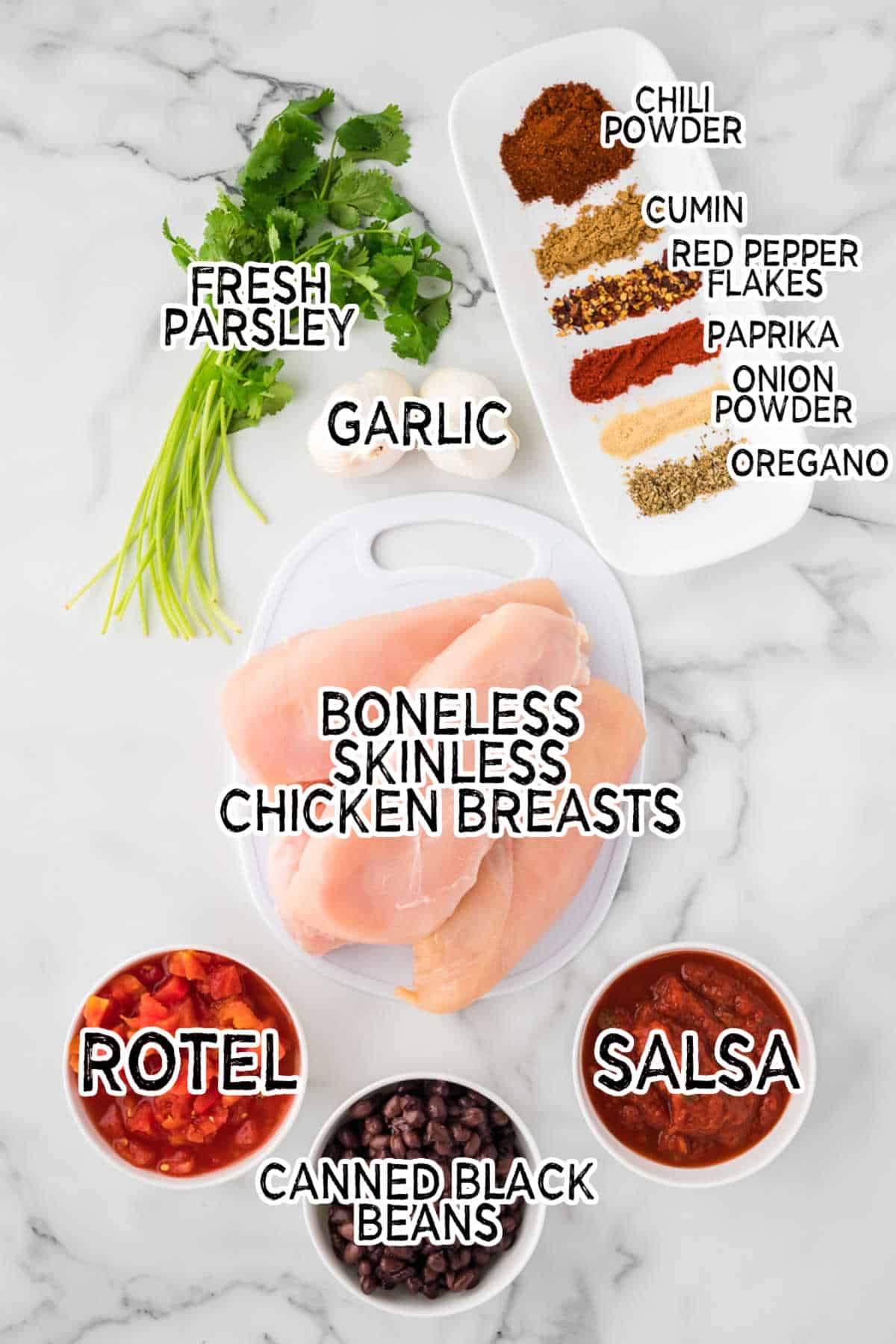 Slow cooker salsa chicken ingredients.